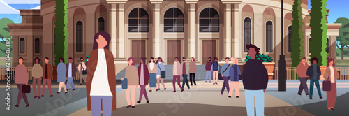 multiethnic people group standing near governmental building mix race men women crowd walking city street