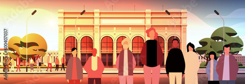 multiethnic people group standing near governmental building mix race men women crowd walking city street