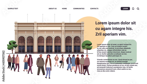 multiethnic people group standing near governmental building mix race men women crowd walking city street