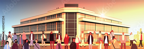 multiethnic people group standing near governmental building mix race men women crowd walking city street