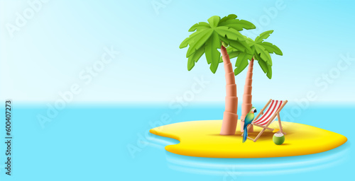 Tropical island with beach chair on palms island with cocktails and tropical birds