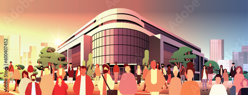 people group standing near governmental or business center building mix race men women crowd walking city street