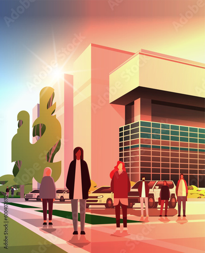 people group standing near governmental or business center building mix race men women crowd walking city street