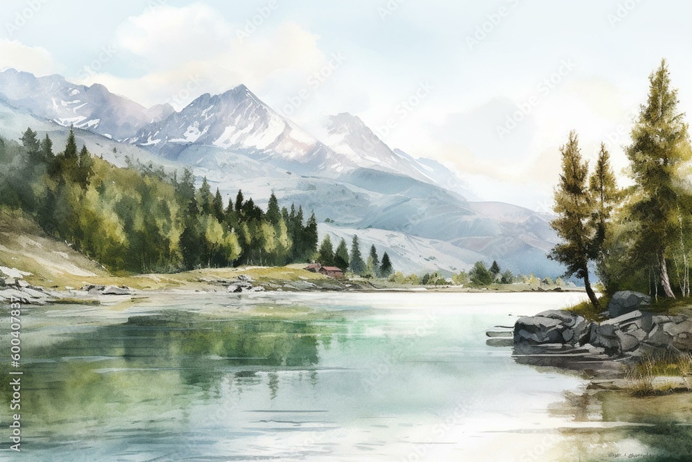 Watercolor of a mountain and lake landscape. Generative AI