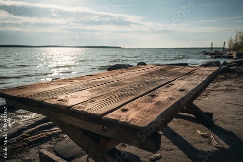 Vacant wooden table resting at the shoreline. Generative AI