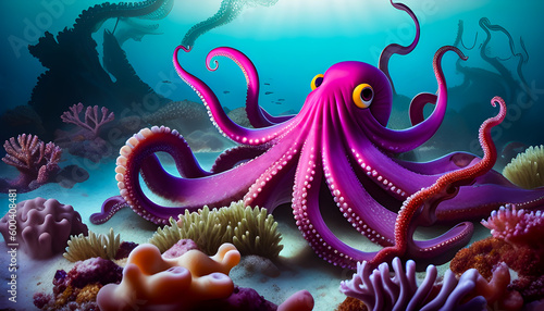 fabulous octopus crawling on the ocean floor created by artificial intelligence