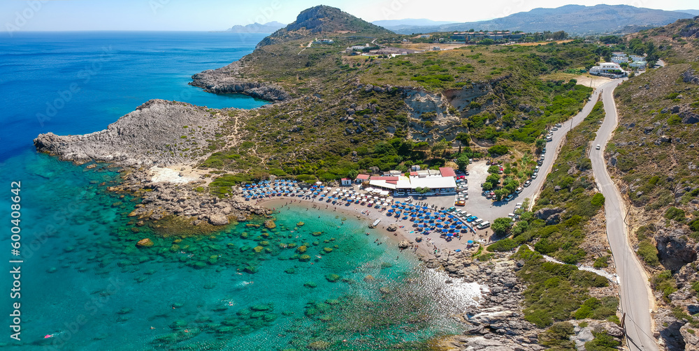 Aerial view and beach in Ladiko bay, Rhodes island, Greece, Europe