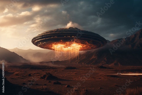 A big UFO crash on desert surrounded by mountains. Digital art. Generative AI