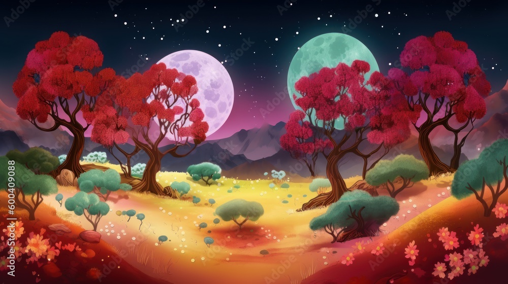 Landscape of ruby trees and sapphire flowers. Beautiful illustration picture. Generative AI