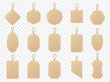 Realistic craft carton paper price tags of different shapes. Shopping paper labels with rope. Sale tags and labels
