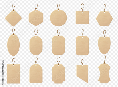 Realistic craft carton paper price tags of different shapes. Shopping paper labels with rope. Sale tags and labels