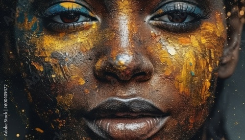 Close up abstract portrait of woman. Gold colored. Beautiful illustration picture. Generative AI