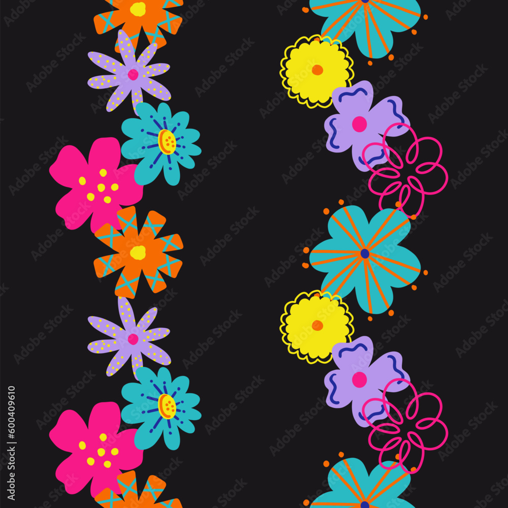 Bright Retro Florals Vector Seamless Vertical Borders Set Bright Retro Florals Vector Seamless Vertical Borders Set