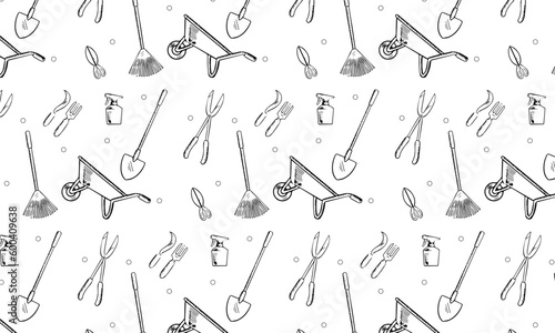 seamless pattern with hand-drawn gardening tools. rake, watering can, secateurs, cart 