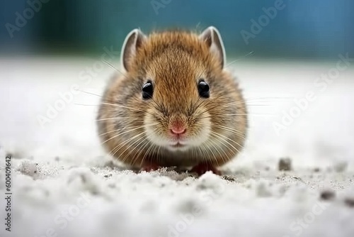 Little mouse is on the snow. Beautiful illustration picture. Generative AI