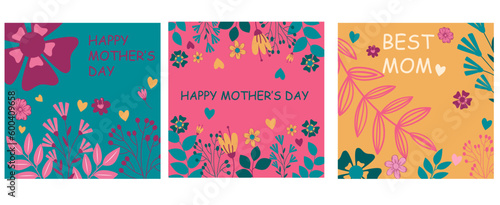 Mother's Day card. Trendy banner, poster, flyer, label or cover with flowers frame, abstract floral pattern in mid century art style. Spring summer bright abstract floral design template for ads promo