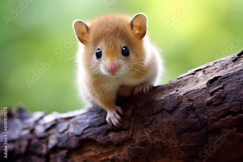 Cute little mouse is on the tree outdoors. Beautiful illustration picture. Generative AI