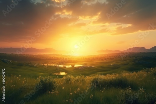 Art of majestic landscape with sunset. Beautiful illustration picture. Generative AI