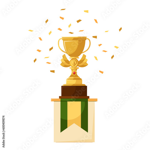 Golden cup strewn with confetti on a white background. Prize, award for the winner of a competition or championship.