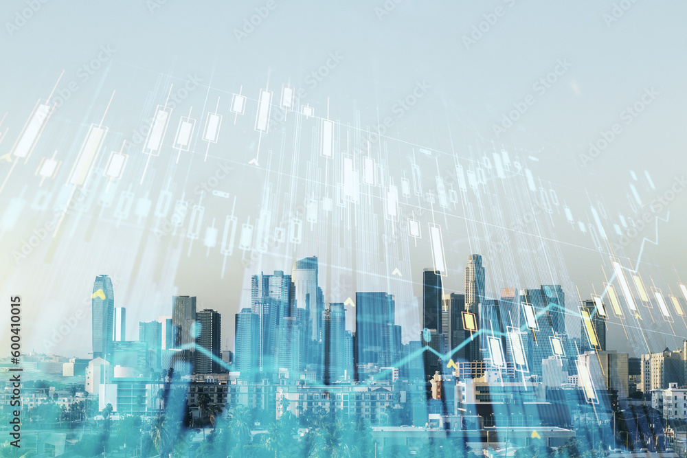 Obraz premium Multi exposure of virtual abstract financial graph interface on Los Angeles cityscape background, financial and trading concept