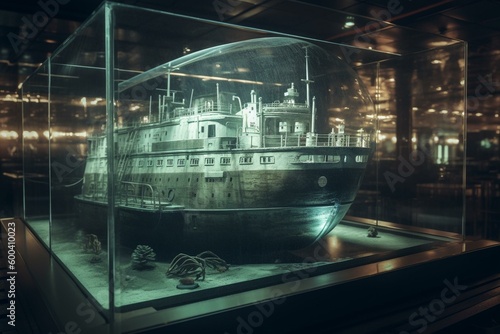 Enigmatic journey of the ship in glass enclosure. Generative AI
