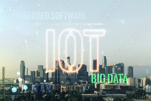 Creative IOT illustration on Los Angeles cityscape background, future technology concept. Multiexposure