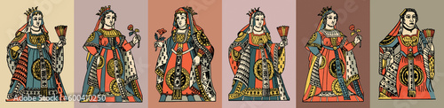 Set of vector illustrations of the queen with a crown.