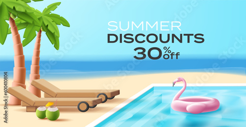 3d render illustration of a hotel swinning pool with flamingo swimming ring and palm trees with coconut cocktail and sunbed, summer discounts banner