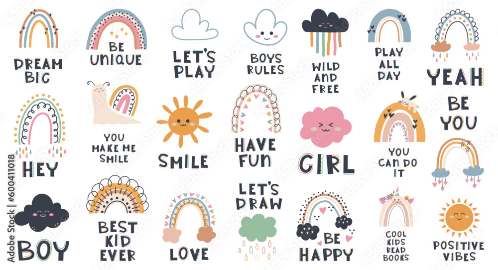 Cute hand drawn phrases with rainbow, sun, stars, cloud in boho style. Cartoon doodle print for nursery. Design for shower invitation card, birthday, children's party, book cover, poster - obrazy, fototapety, plakaty 