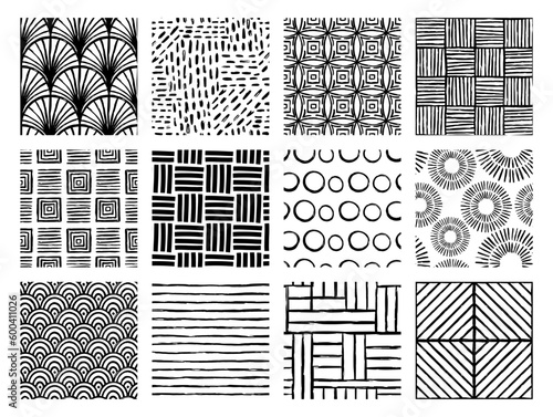 Set of Aesthetic Contemporary printable seamless pattern with abstract Minimal elegant line brush stroke shapes and line in black and white colors.