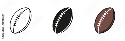 Rugby Ball Silhouette and Line Icon Set. Ball for Play Sports Game, American Football Solid and Outline Black and Color Symbol Collection on White Background. Isolated Vector Illustration