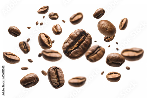 Falling roasted coffee beans isolated on white background with selective focus © dewaai