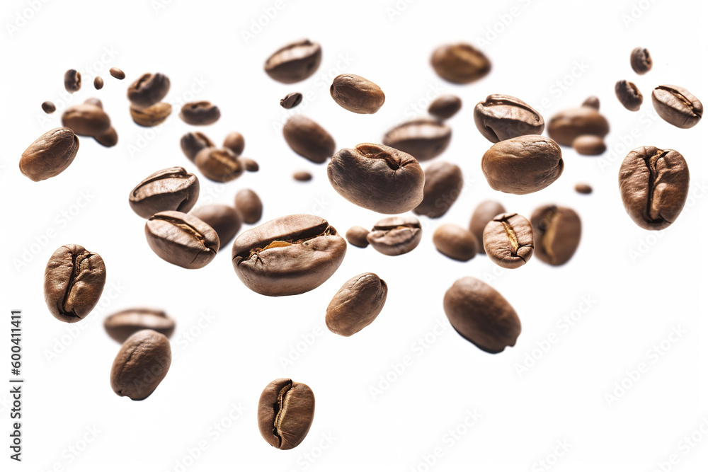 Obraz premium Falling roasted coffee beans isolated on white background with selective focus