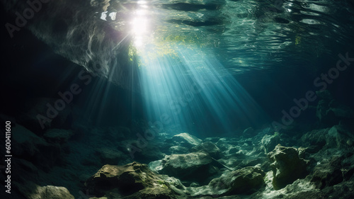 Sunlight Beams in Underwater Cenote Cave, Cavediving Exploration and Adventures. Stalactites Landscape. Digital illustration. Generative AI © Syntetic Dreams