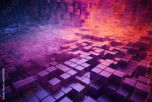 A modern tech wallpaper made of precise, translucent cubes in violet and orange colors. 3D rendered. Generative AI