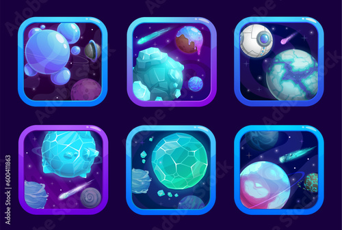 Cartoon space game app icons with blue and purple planets. Computer videogame GUI, mobile game UI vector icons. Application user interface square buttons with fantastic galaxy ice and crystal planets