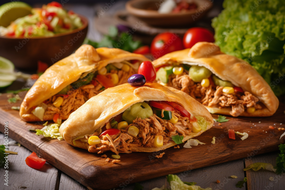 Chicken Taco Pockets mexican party mexican food on the black backgraund, generativ ai Chicken Taco Pockets mexican party mexican food on the black backgraund, generativ ai