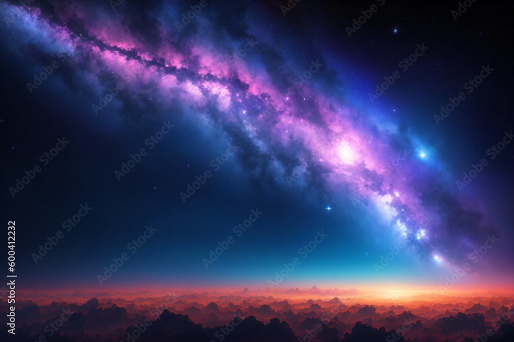 Outer Space Planet Galaxy Sky View. Artistic imaginary illustration of a fantasy outer space planet landscape, with vibrant colors at the horizon and galaxy sky. Generative-AI. Outer Space Planet Galaxy Sky View. Artistic imaginary illustration of a fantasy outer space planet landscape, with vibrant colors at the horizon and galaxy sky. Generative-AI.