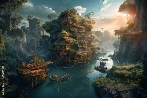 Surreal painting of a fantasy floating village surrounded by nature and animals. Imagination art. Generative AI