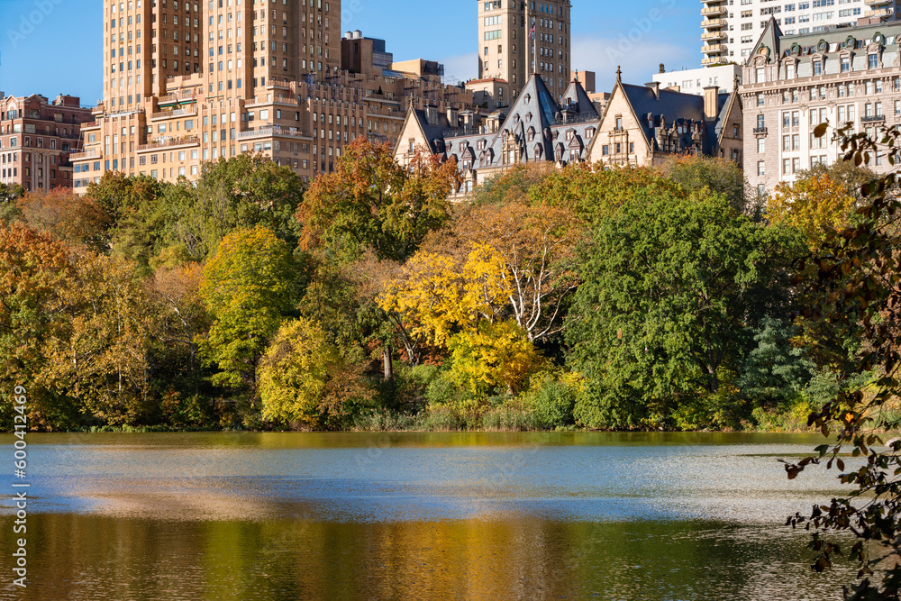 Central Park West historic district by The Lake in autumn colors. Upper West Side, Manhattan, New York City