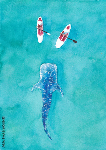 Watercolour painting of  two stand up paddleboarders in the sea with a whale shark