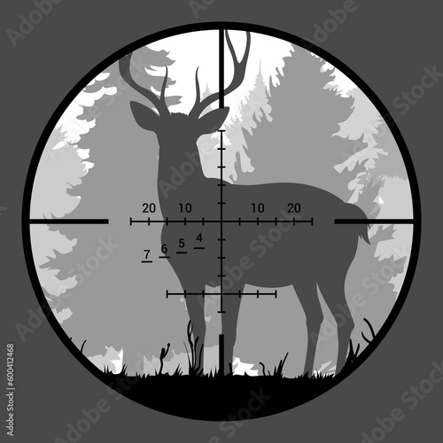Deer target, hunting sport animal in rifle or gun sight scope crosshair with forest nature landscape vector background of pine trees and grass silhouettes in mist. Hunter trophy, shooting scene themes