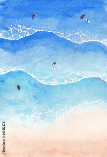 Abstract aerial view watercolour painting of surfers in the sea