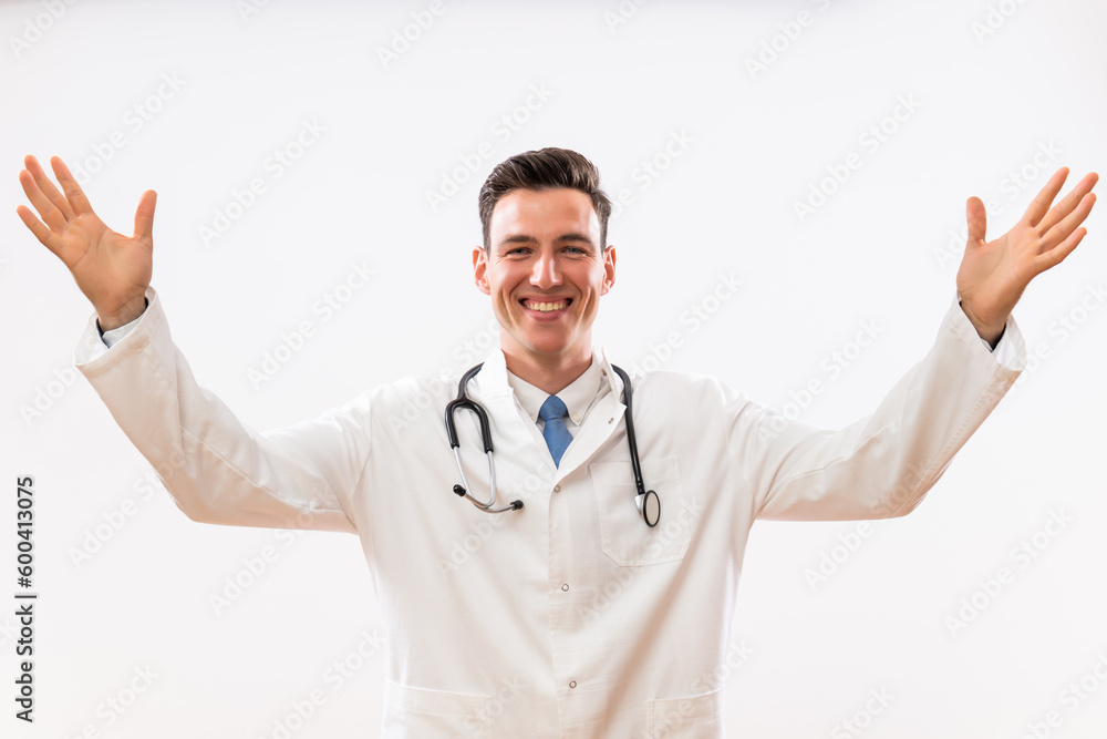 Portrait of happy and content doctor with open arms. Portrait of happy and content doctor with open arms.