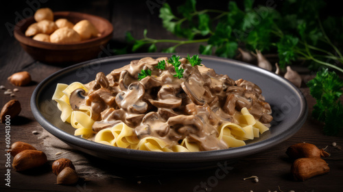 Stroganoff - Russian dish of beef in sour cream sauce with mushrooms. Generative AI Art Illustration