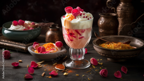 Falooda - Indian dessert with noodles, milk, and rose syrup. Generative AI Art Illustration