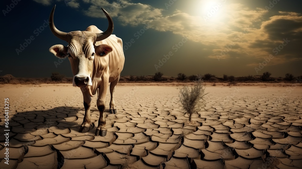 Severe drought, Climate change, Biodivesity loss, Skinny cow in the desert, Generative AI