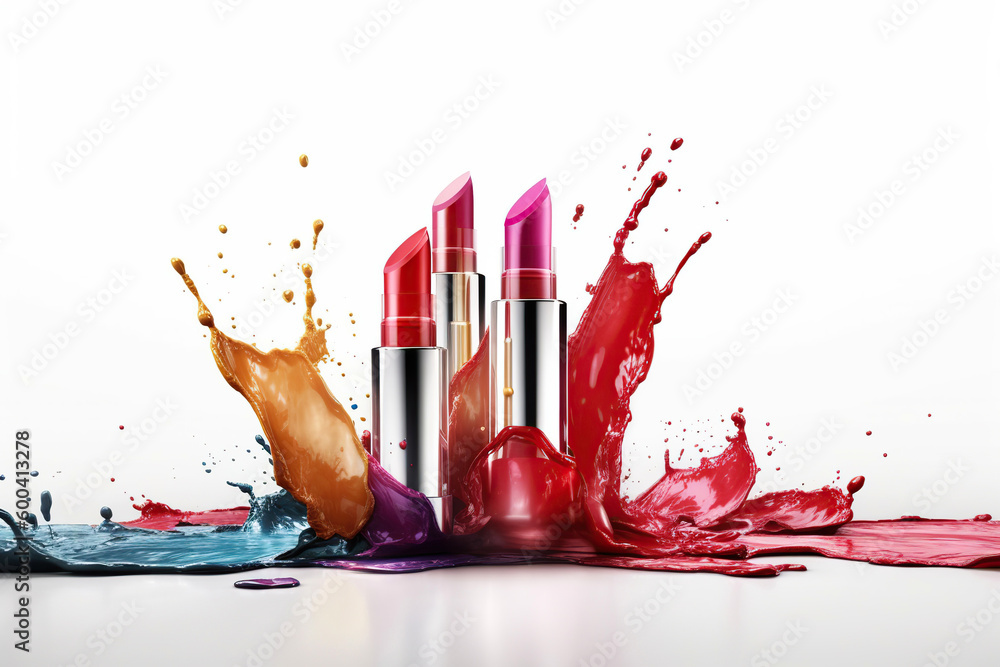 Set of colorful lipsticks with splash on white background,  professional makeup and beauty, lipgloss, AI Generative - obrazy, fototapety, plakaty 