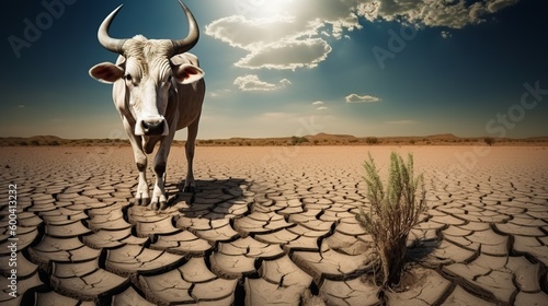 Severe drought, Climate change, Biodivesity loss, Skinny cow in the desert, Generative AI