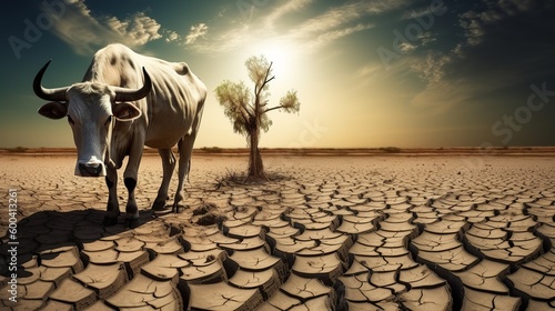 Severe drought  Climate change  Biodivesity loss  Skinny cow in the desert  Generative AI